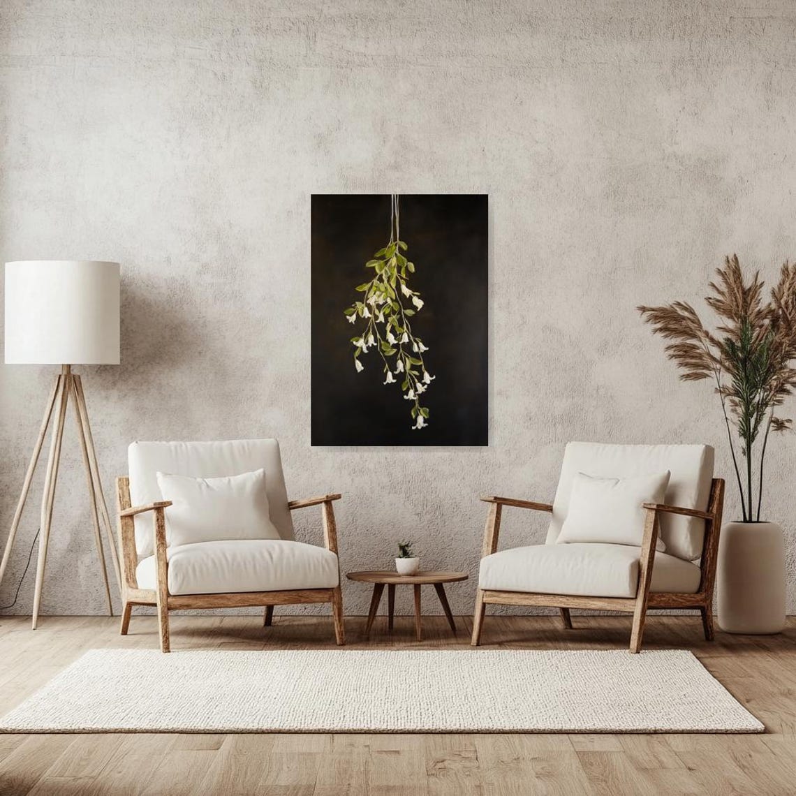 White Bellflower Branch Hanging on Dark Background Painting Poster - Image 2