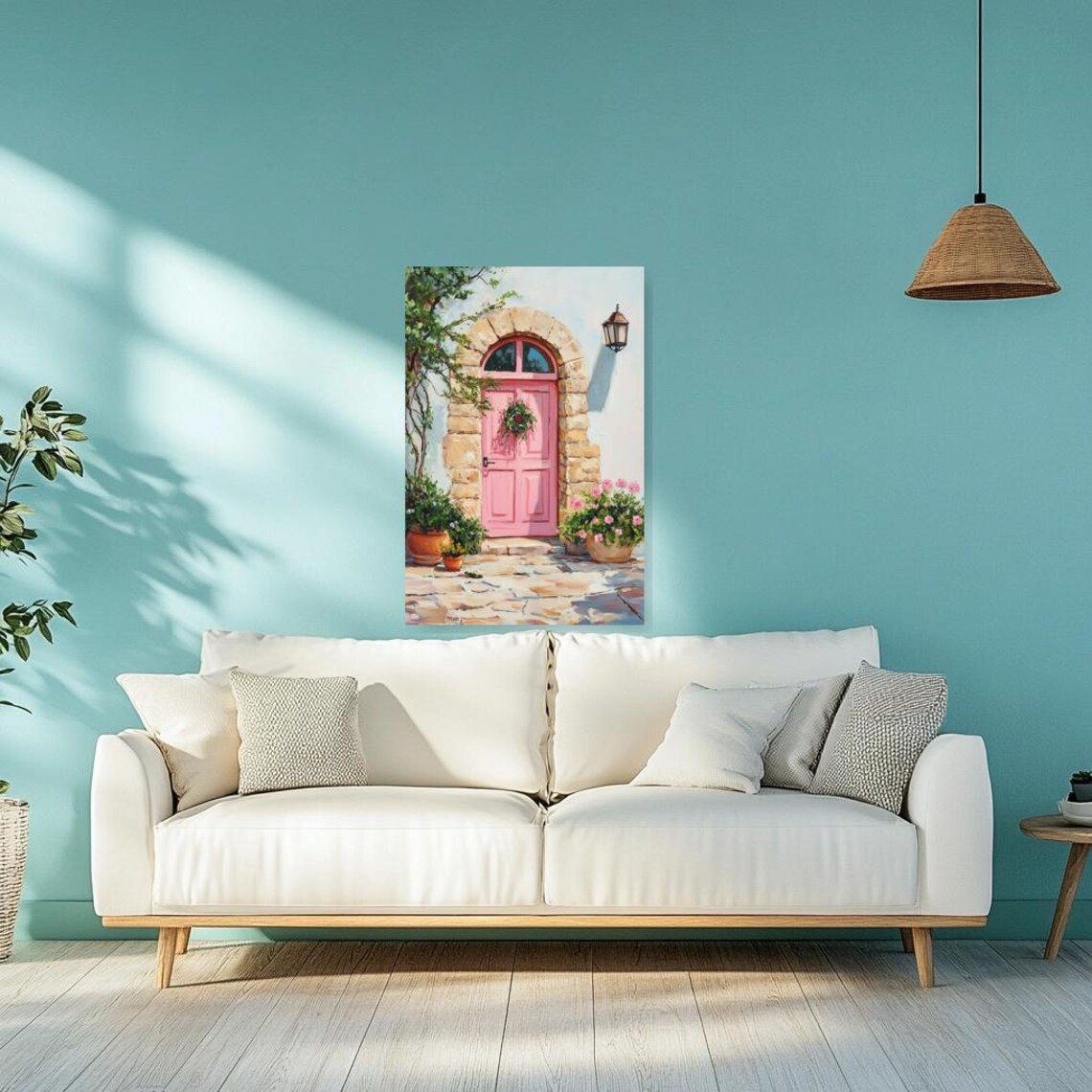 Pink Arched Door with Stone Frame and Blooming Flower Pots Poster - Image 5
