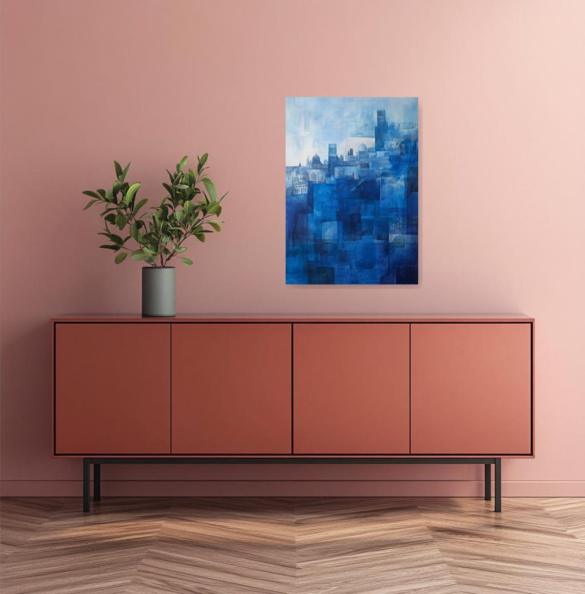 Monochrome Blue Abstract Cityscape Painting Cubist Skyline Art Poster - Image 2