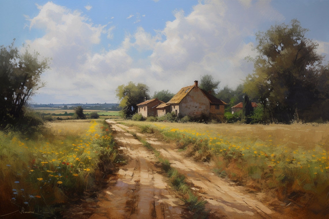 Old Rustic Farmhouse Dirt Road Wildflower Field Scene Poster