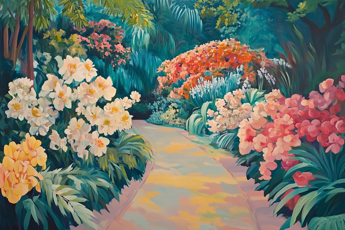 Sunlit Tropical Garden Path Lined With Bright Blooming Flowers Poster