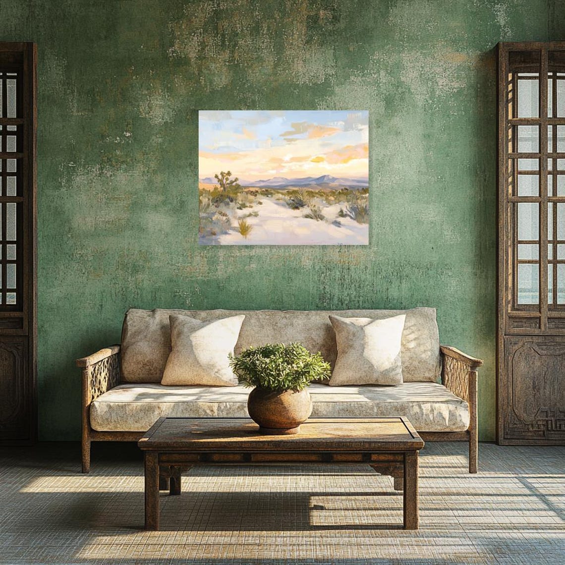 Desert Sunset Landscape with Purple Mountains and Golden Sky Poster - Image 2