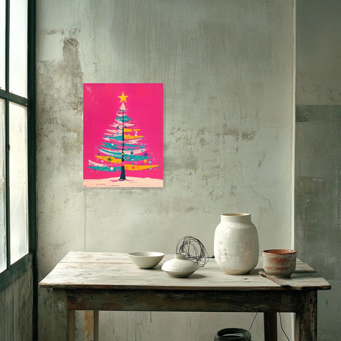 Whimsical Modern Christmas Tree on a Vivid Pink Background Poster - Image 2