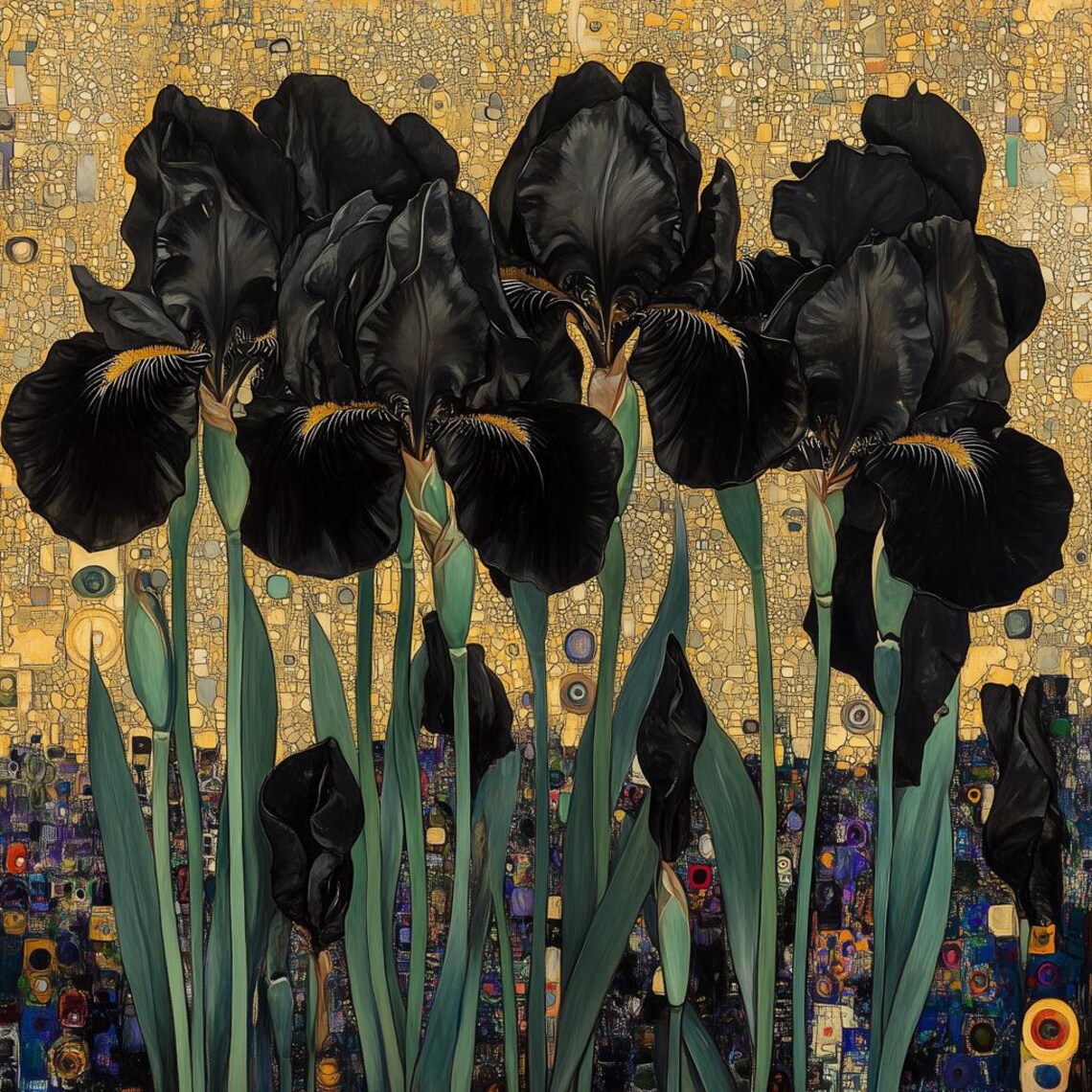 Black Irises Golden Mosaic Klimt Style Art Nouveau Art Poster