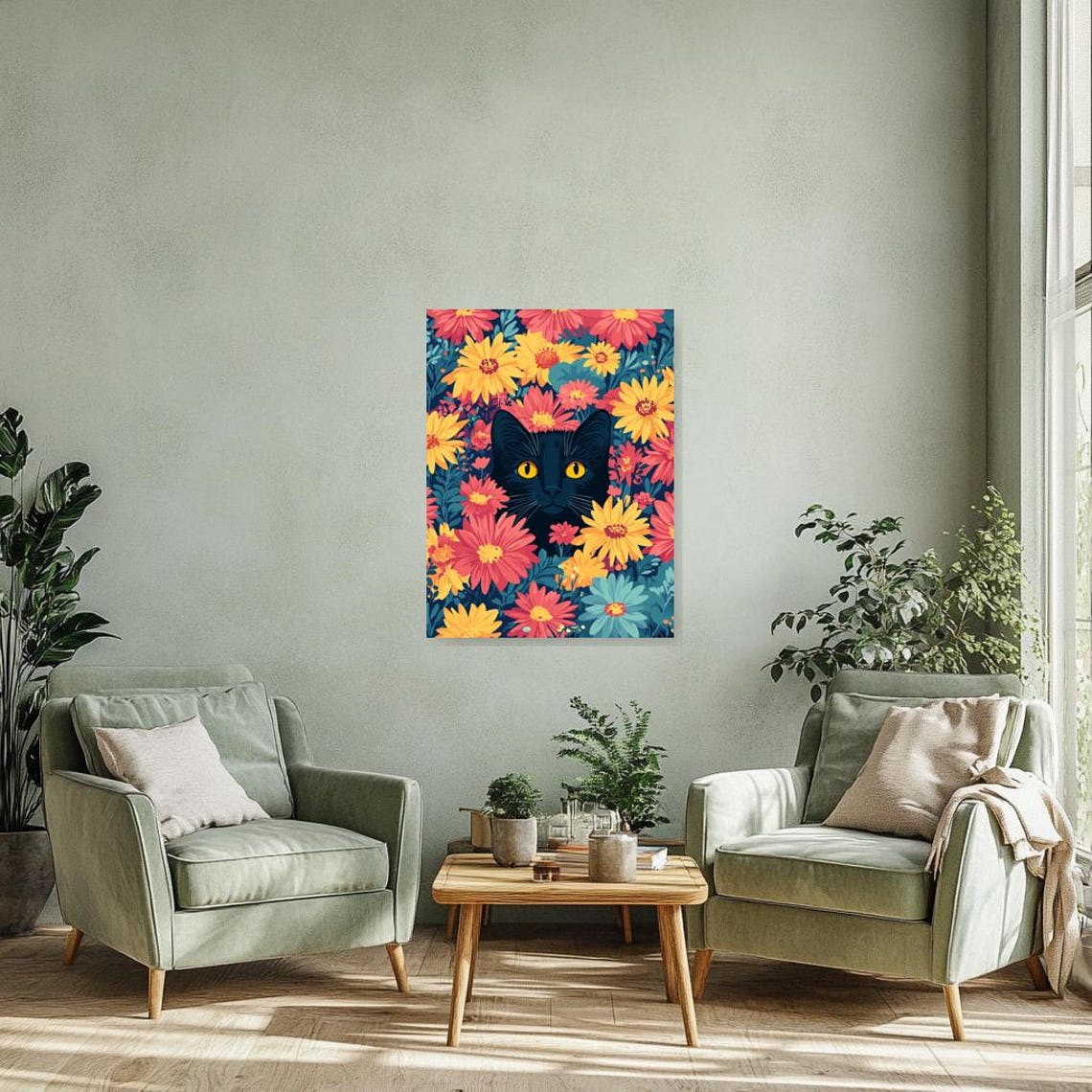 Cute Black Cat Peeking Through Colorful Flower Garden Poster - Image 3