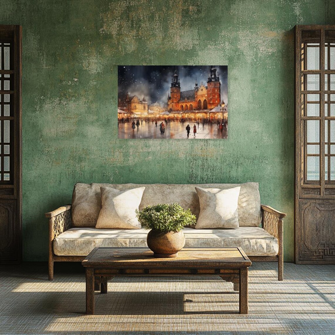Snowy Winter Cityscape Market Square at Night Warm Lights Art Poster - Image 2