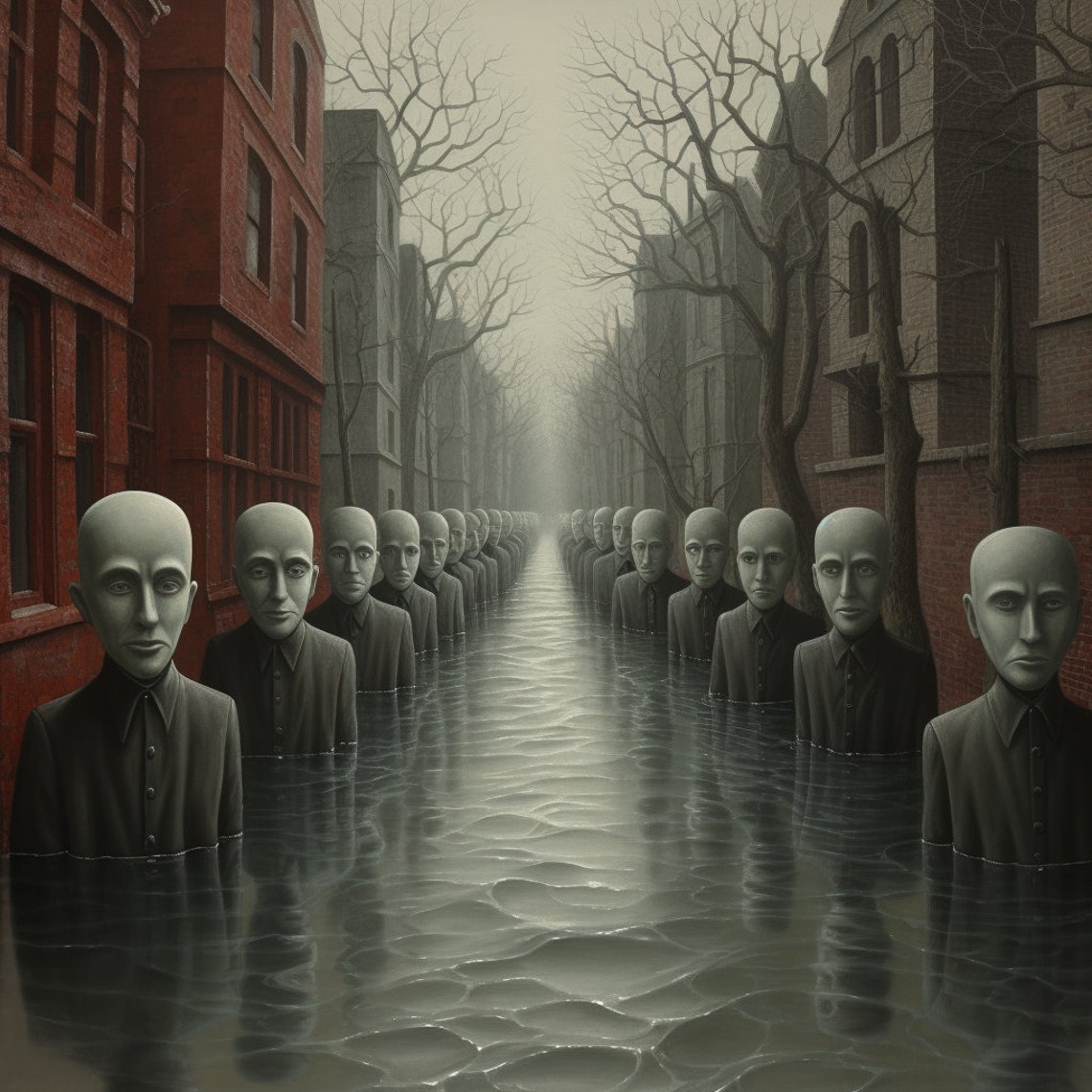 Surreal Flooded Street Rows of Silent Figures Mystery Poster