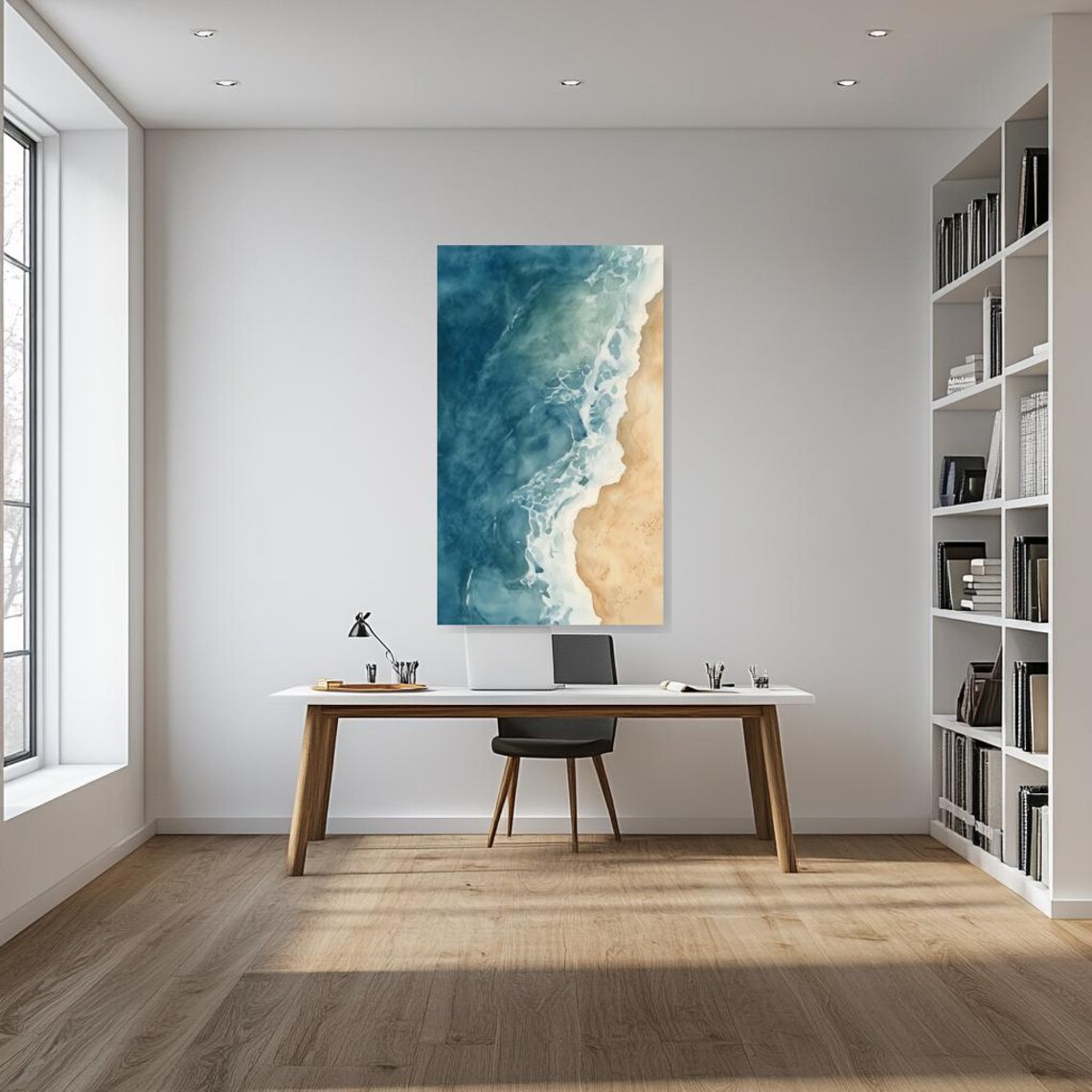 Serene Aerial Ocean Waves Meeting Sand Watercolor Coast Poster - Image 3