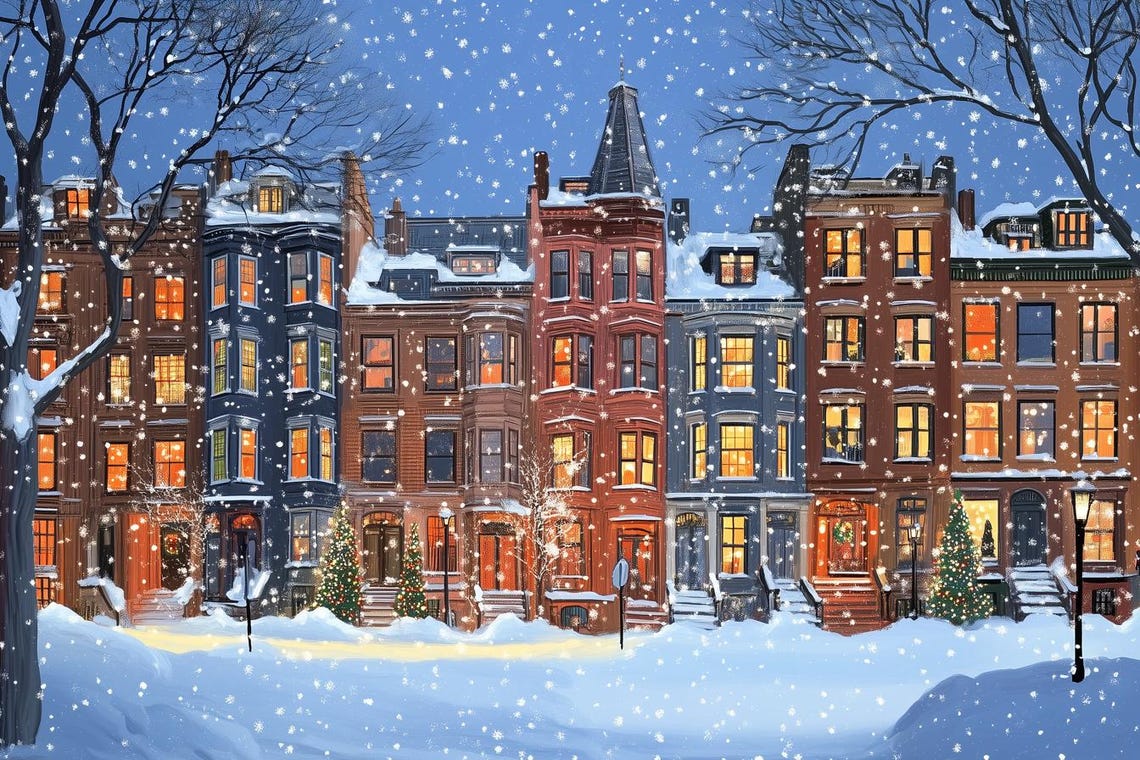 Snowy Victorian Street at Night with Glowing Amber Windows Poster