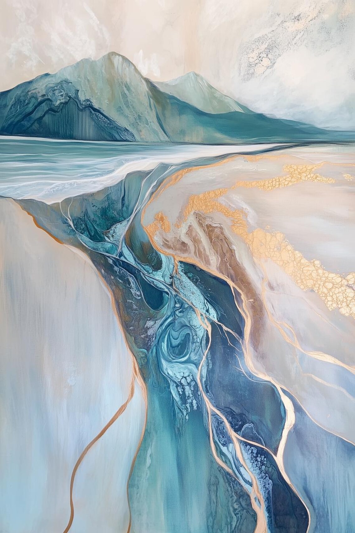 Ocean Blues And Gold Veins Abstract Coastal Landscape Poster