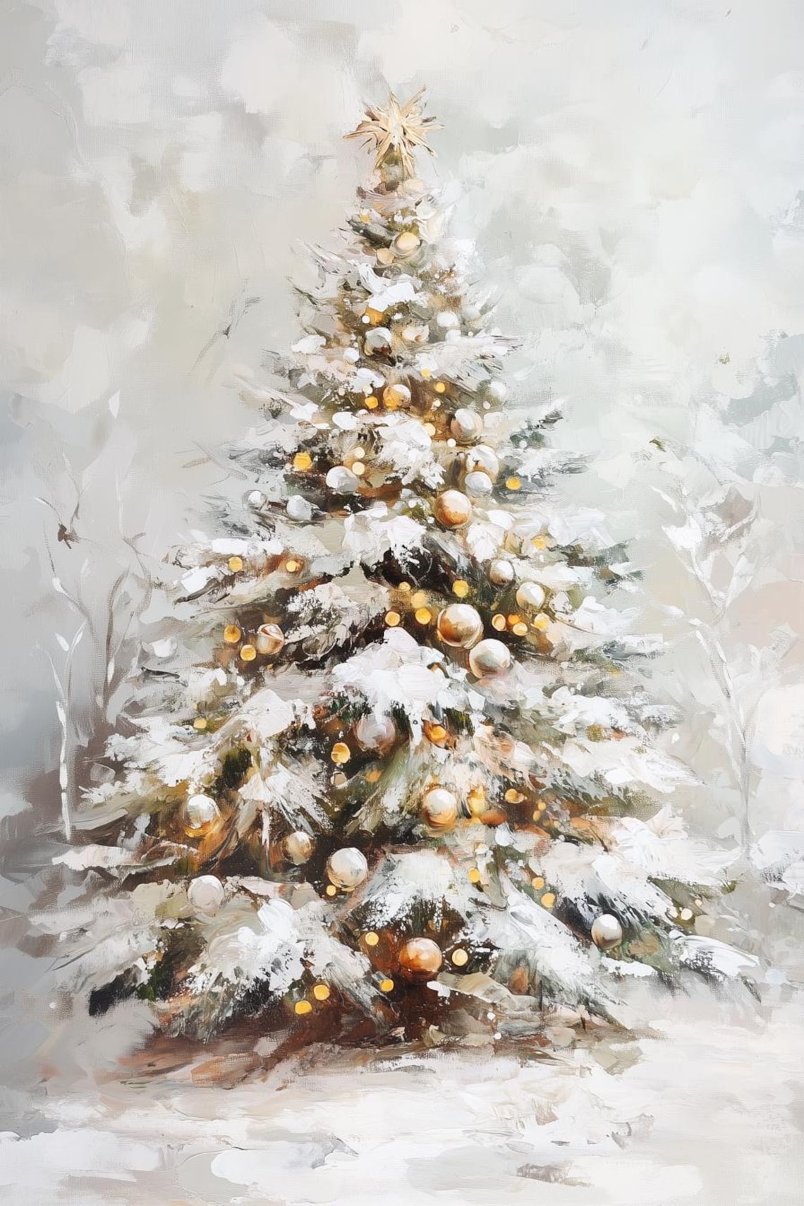 White And Gold Christmas Tree Snowy Elegant Holiday Art Poster