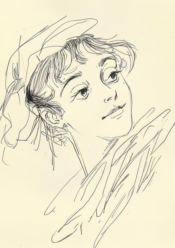 Expressive Woman Portrait in Loose Ink Line Drawing Style Poster