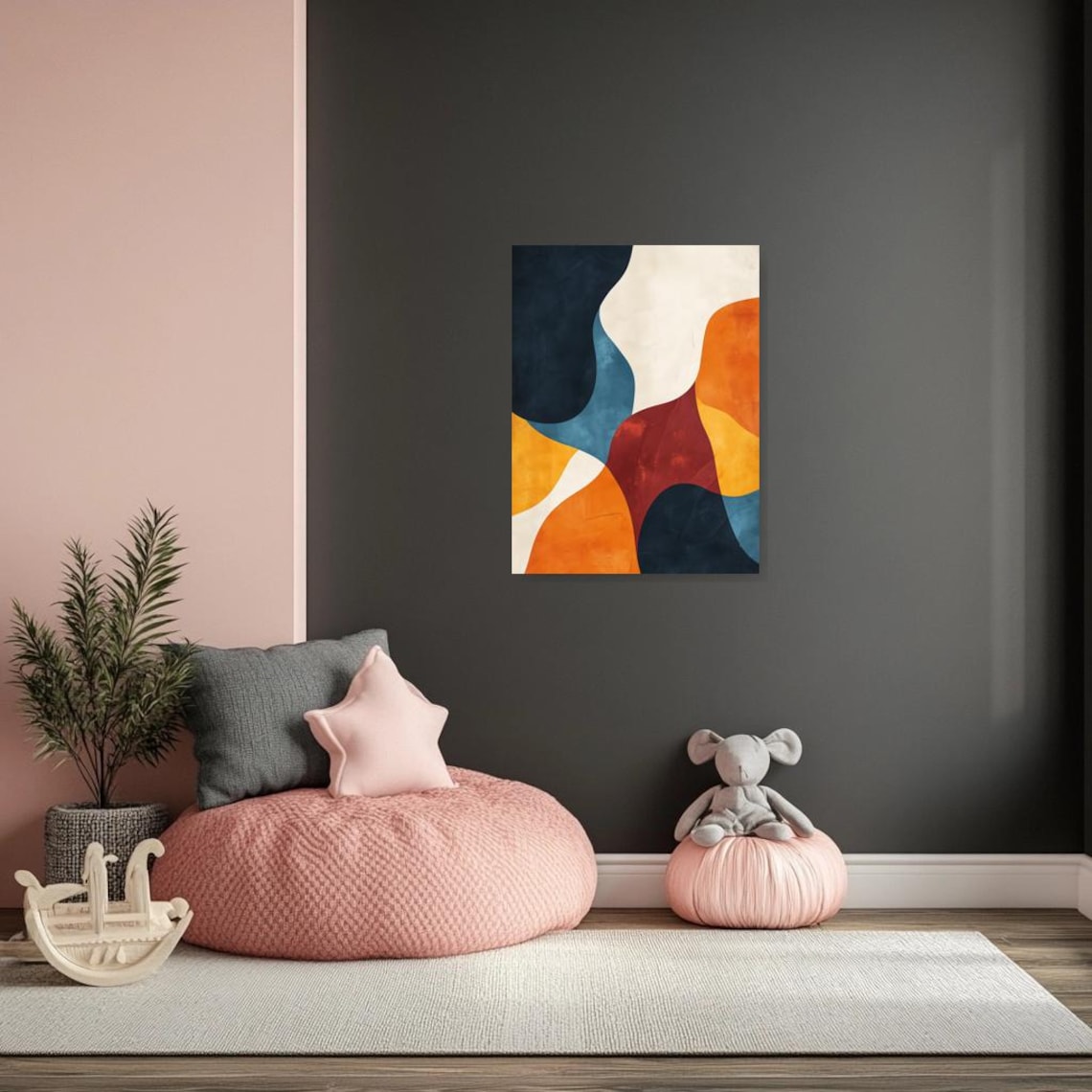 Warm Abstract Fluid Shapes Painting in Navy Orange and Cream Poster - Image 2