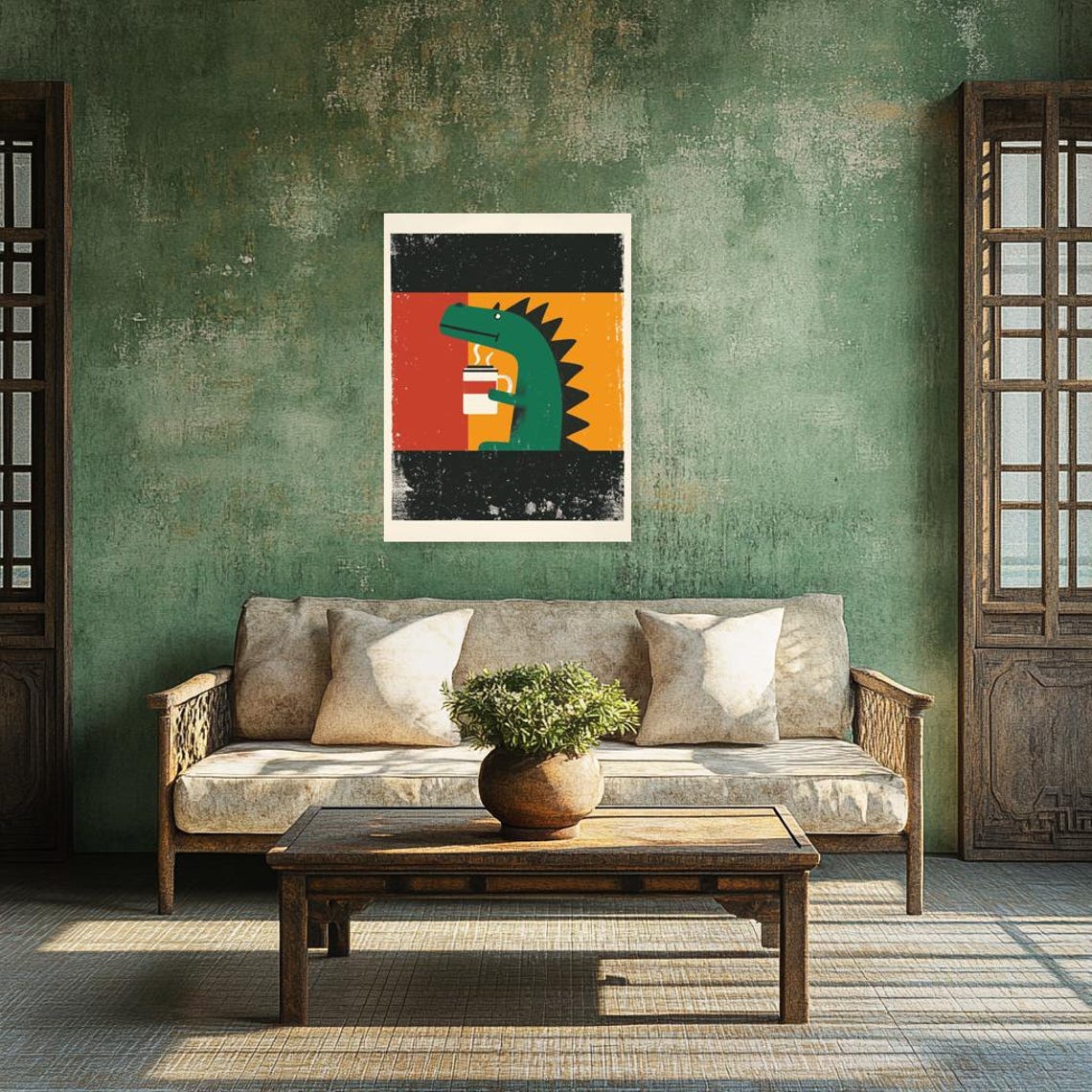 Green Dinosaur Drinking Coffee in Bold Retro Poster Style Poster - Image 4