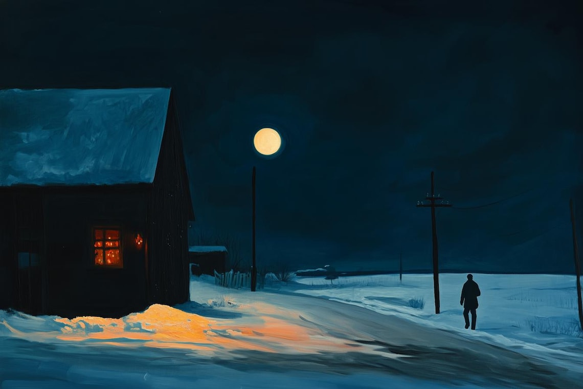 Moonlit Snowy Country Road with Warm Glowing Cabin Lights Poster
