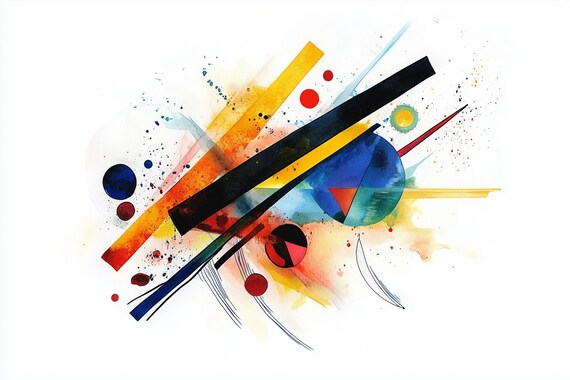 Kandinsky-Style Diagonal Watercolor Abstract Composition on White Poster