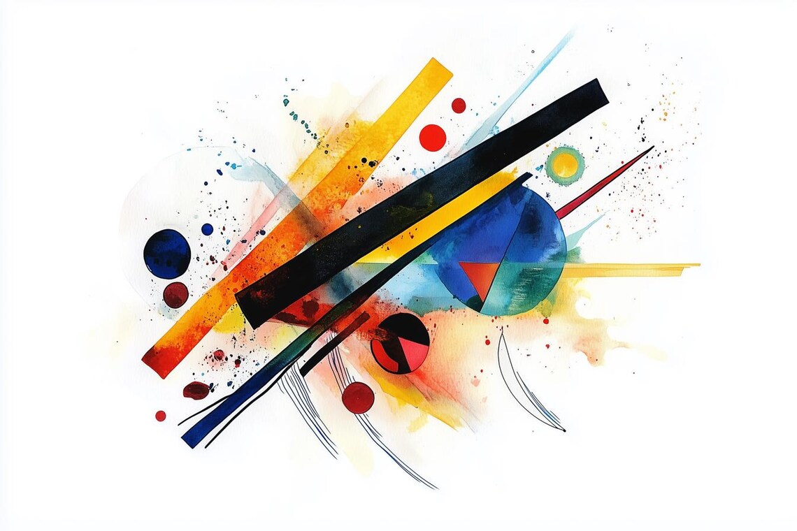 Kandinsky-Style Diagonal Watercolor Abstract Composition on White Poster