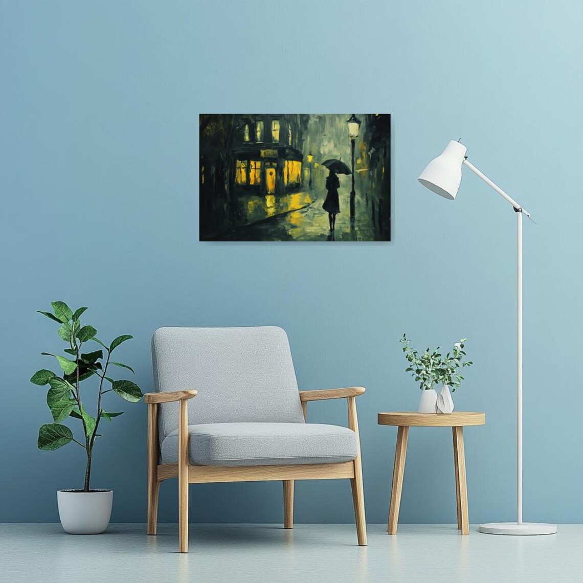 Moody Rainy Night Street With Glowing Windows And Umbrella Figure Poster - Image 3