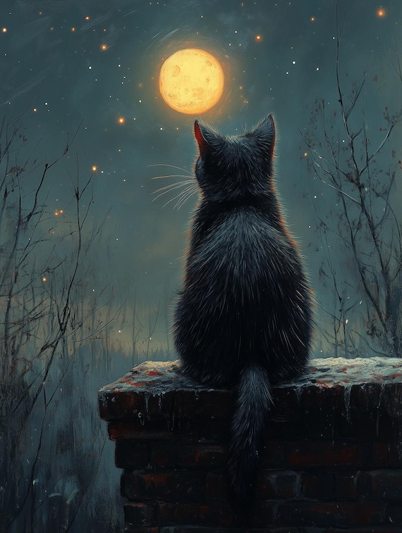 Black Cat Gazing at the Full Moon on a Brick Wall in Starry Night Style Poster