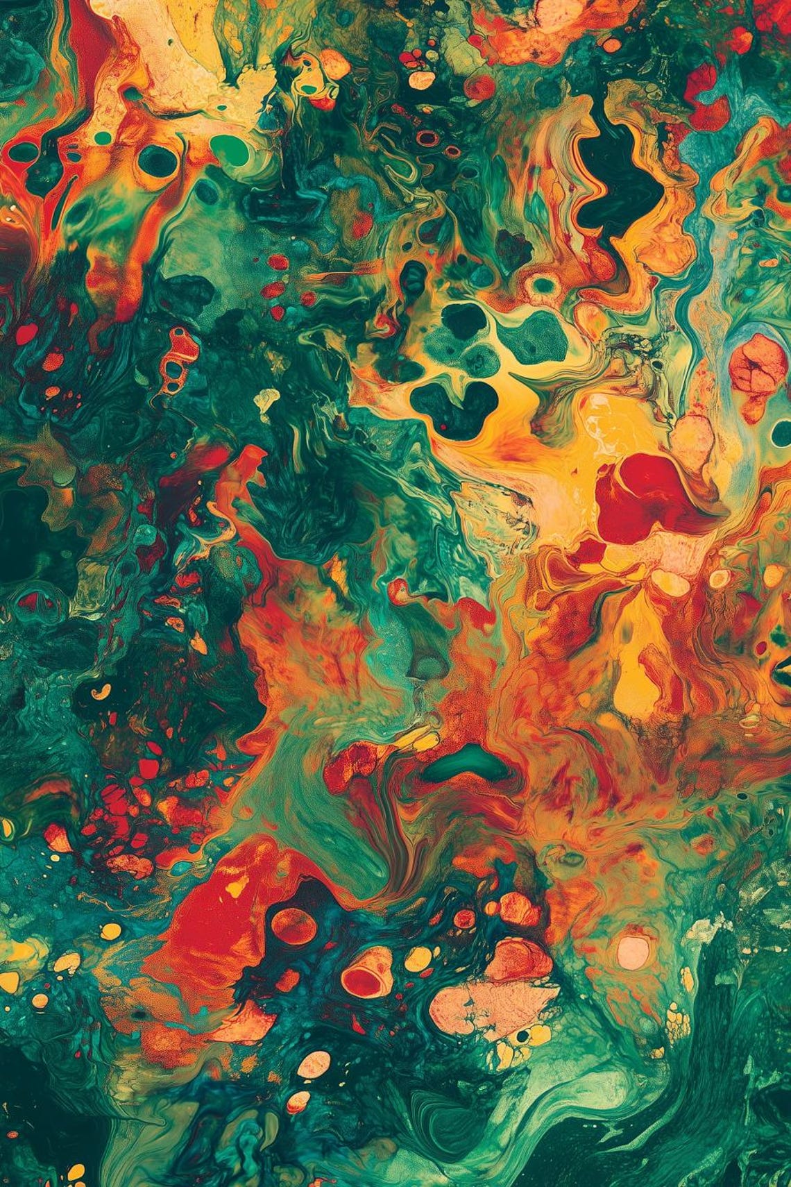 Bold Emerald Green Red Gold Marbled Abstract Fluid Art Poster