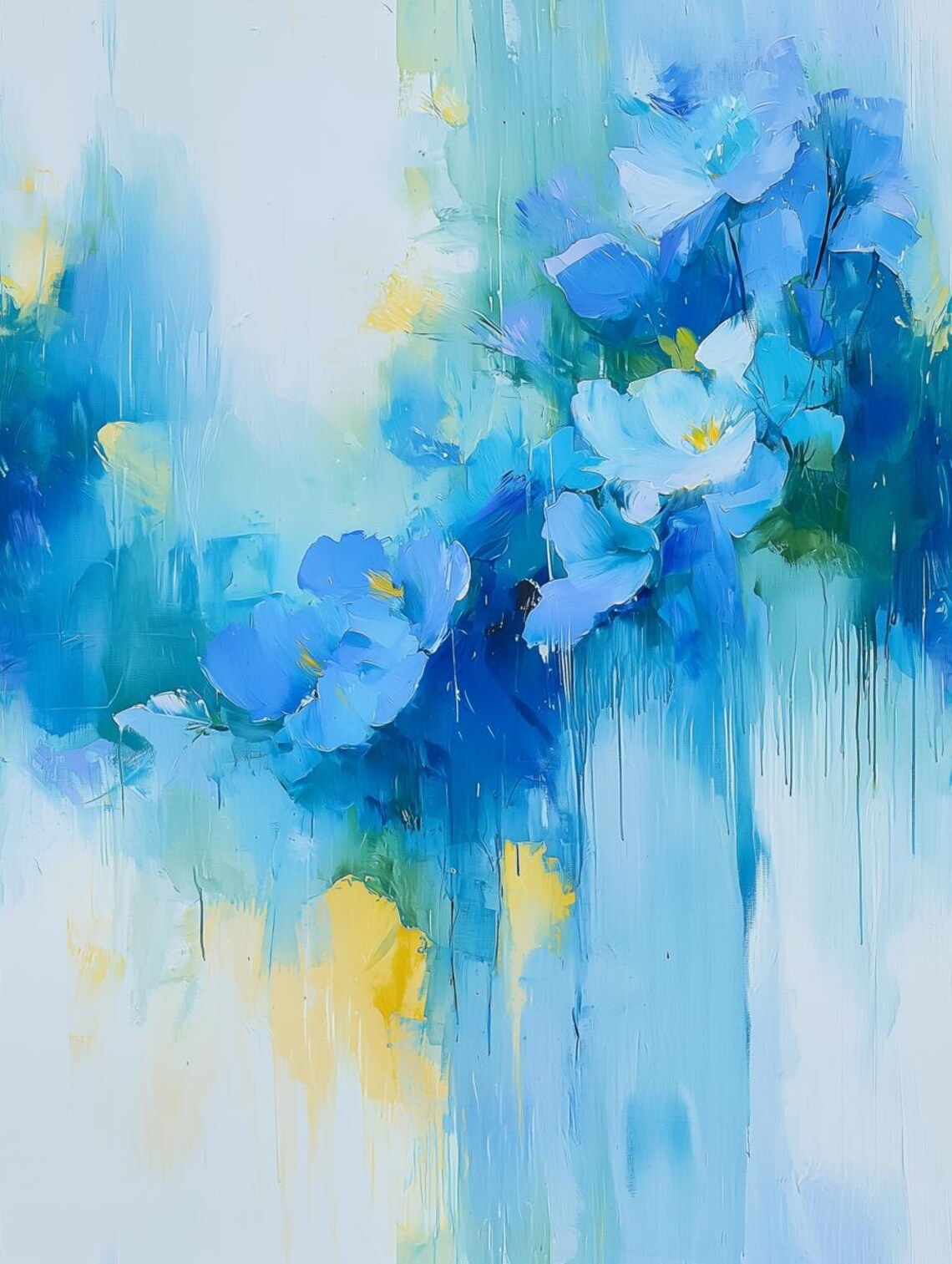 Blue Floral Abstract Blossoms with Soft Yellow Accents Poster