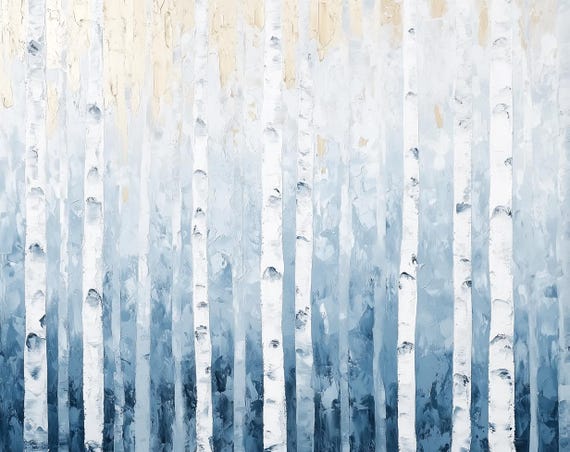 Stunning Birch Trees Wall Art In Cool Blue And White Palette Inspired By Claude Monet For Home Decor