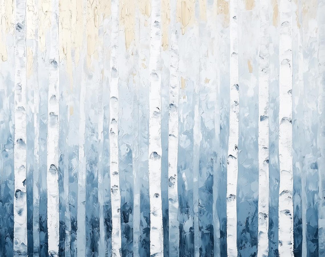 Stunning Birch Trees Wall Art In Cool Blue And White Palette Inspired By Claude Monet For Home Decor