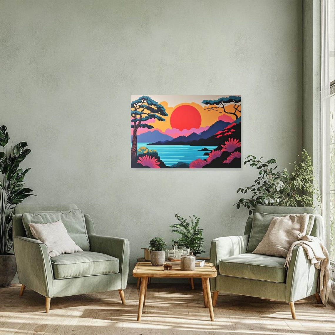 Japanese Sunset Red Sun Lake Mountain Pine Bold Style Art Poster - Image 2