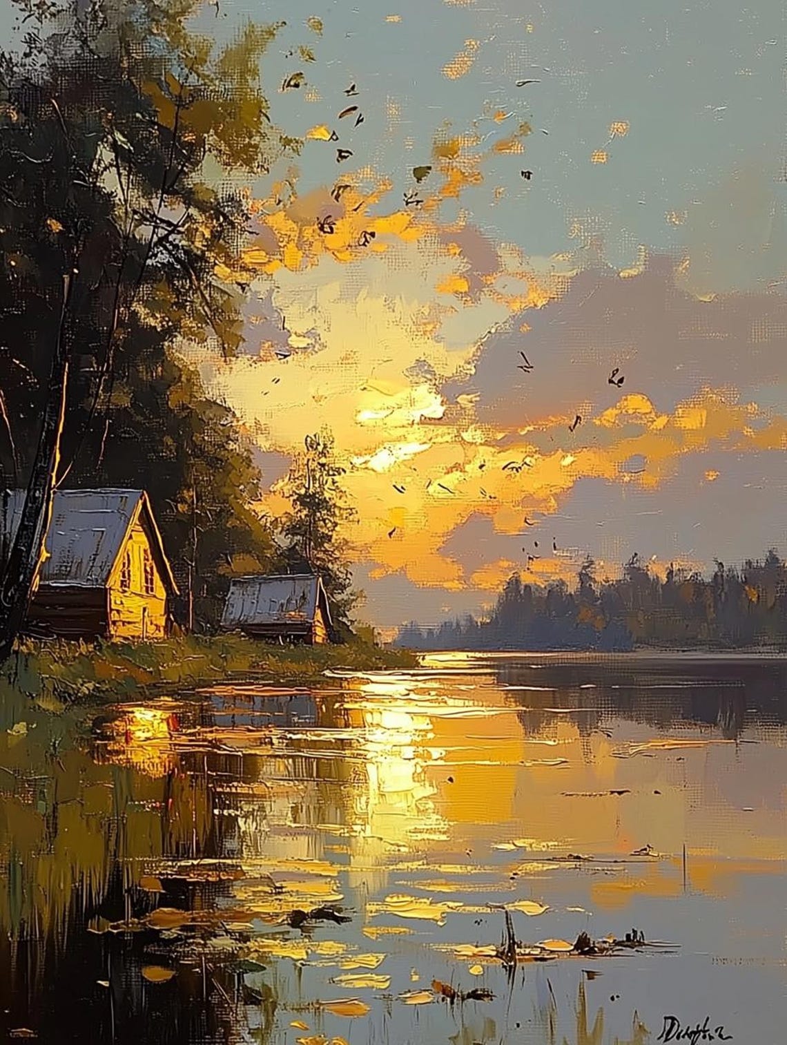 Golden Sunset Shimmering Across Calm Water by Lakeside Cabins Poster