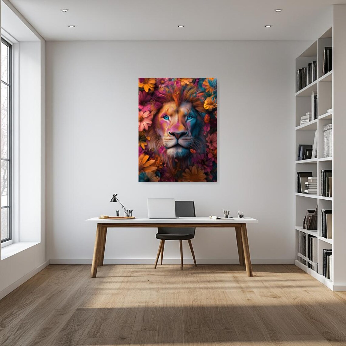 Colorful Lion Portrait Surrounded by Vibrant Flowers Psychedelic Poster - Image 2