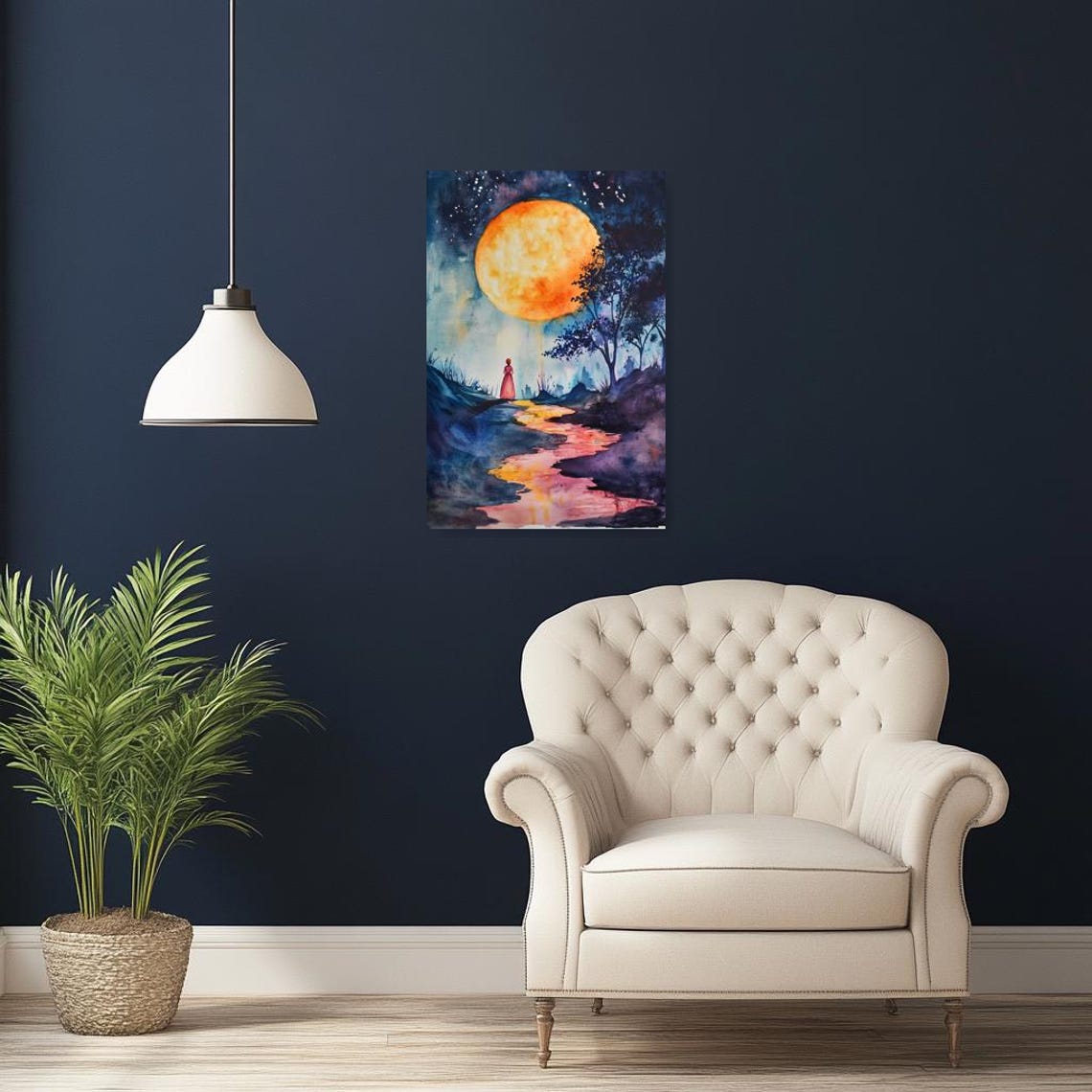 Giant Orange Moon Over a River with a Red Dress Figure Poster - Image 5