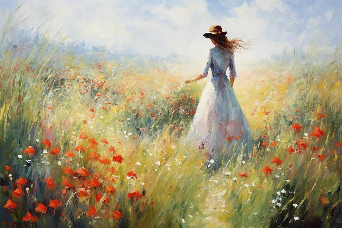 Serene Woman Walking Poppy Field Impressionist Summer Poster