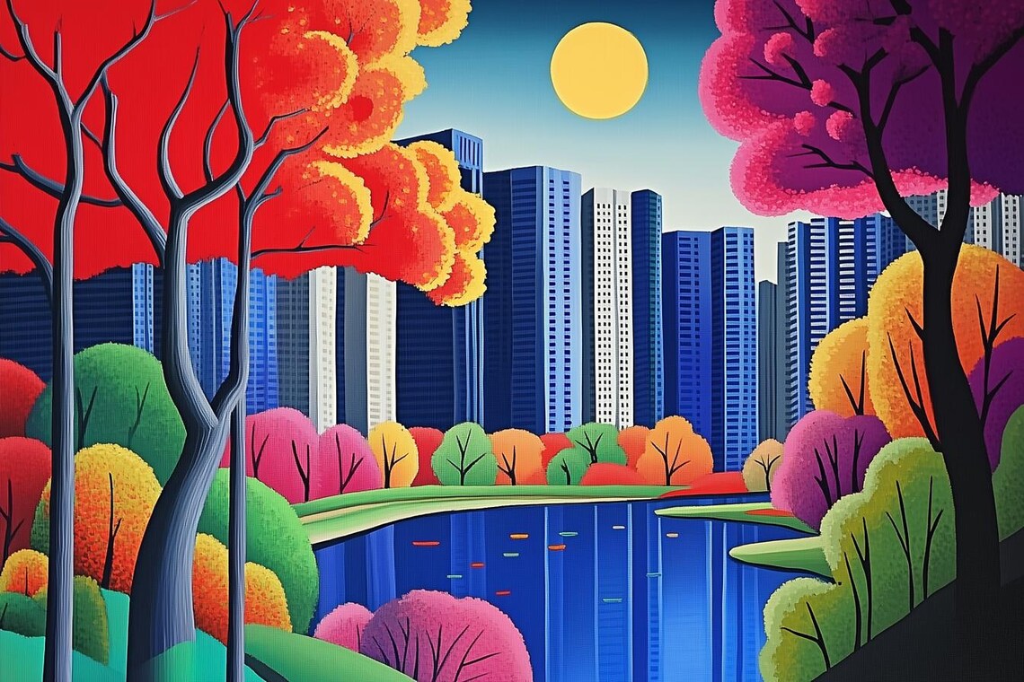 Colorful City Park Autumn Trees Skyline Lake Reflection Poster