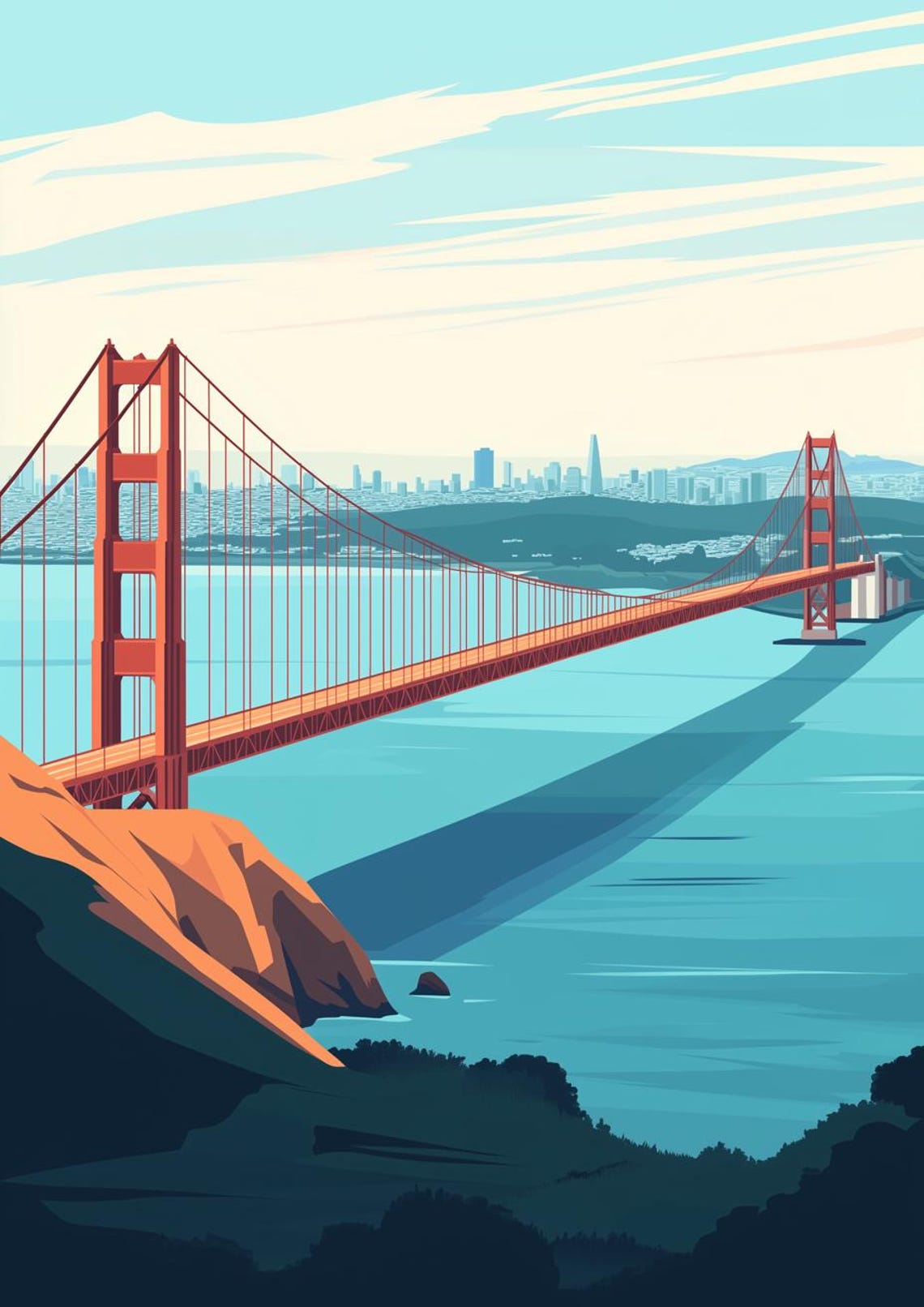 Golden Gate Bridge Modern Illustration San Francisco Bay Poster
