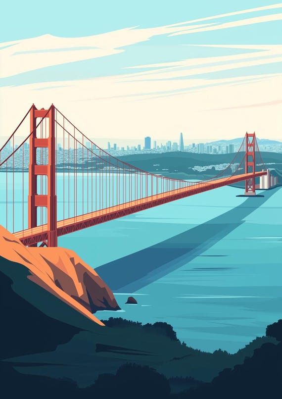 Golden Gate Bridge Print In Modern Art Style Stunning Blue And Orange Home Decor Wall Art