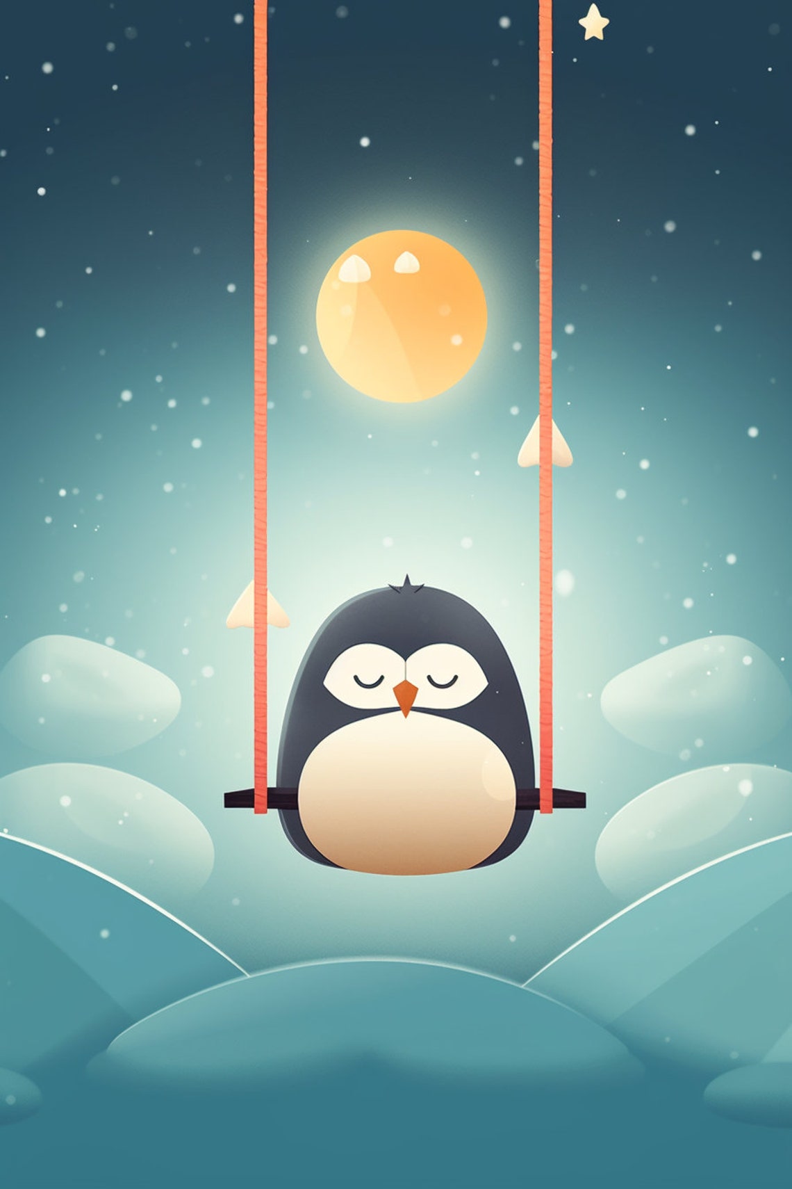 Sleepy Penguin on a Swing Under the Moon Cute Nursery Art Poster