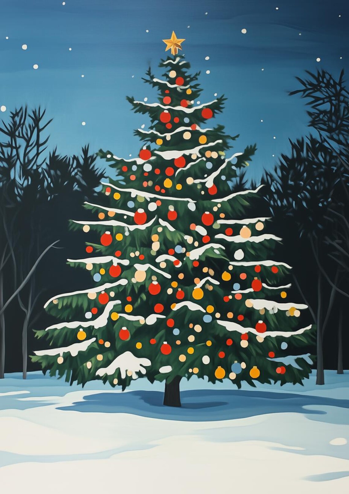 Snowy Outdoor Christmas Tree Under a Starry Night Sky Poster