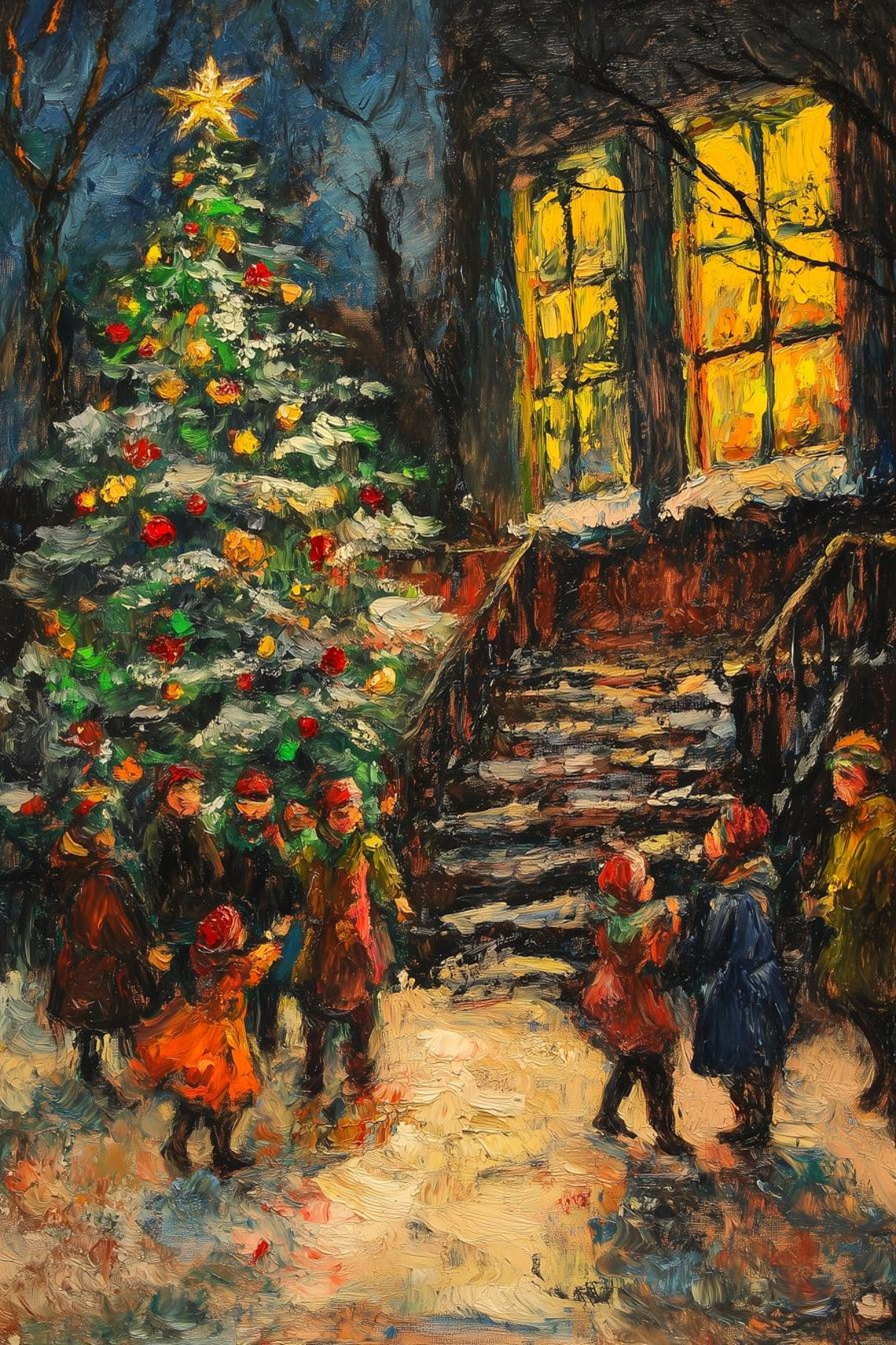 Joyful Children Beneath the Starry Night Christmas Tree Poster