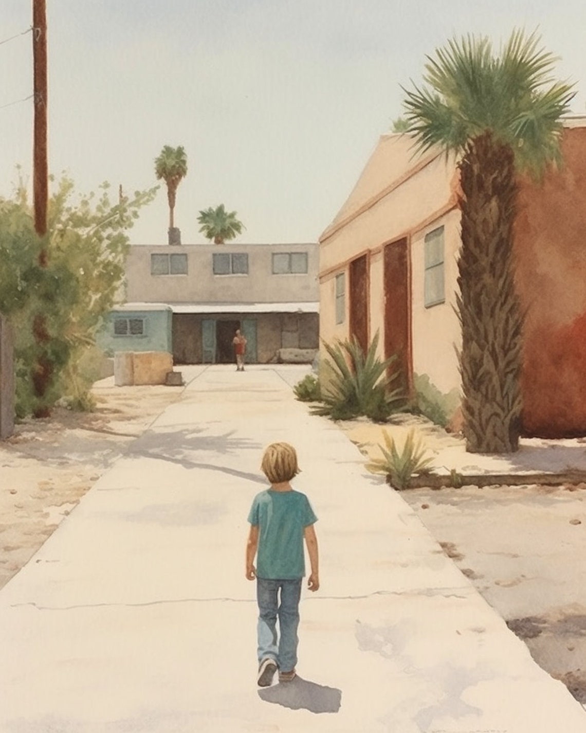 Sidewalk Solitude Boy Walking Down Sunny Palm Driveway Poster