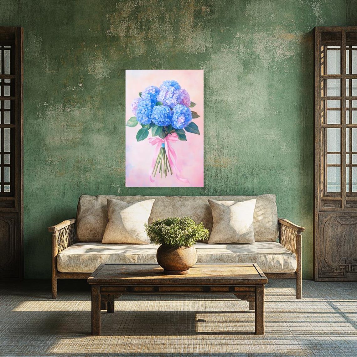 Blue Hydrangea Bouquet Tied With a Flowing Pink Satin Ribbon Poster - Image 2