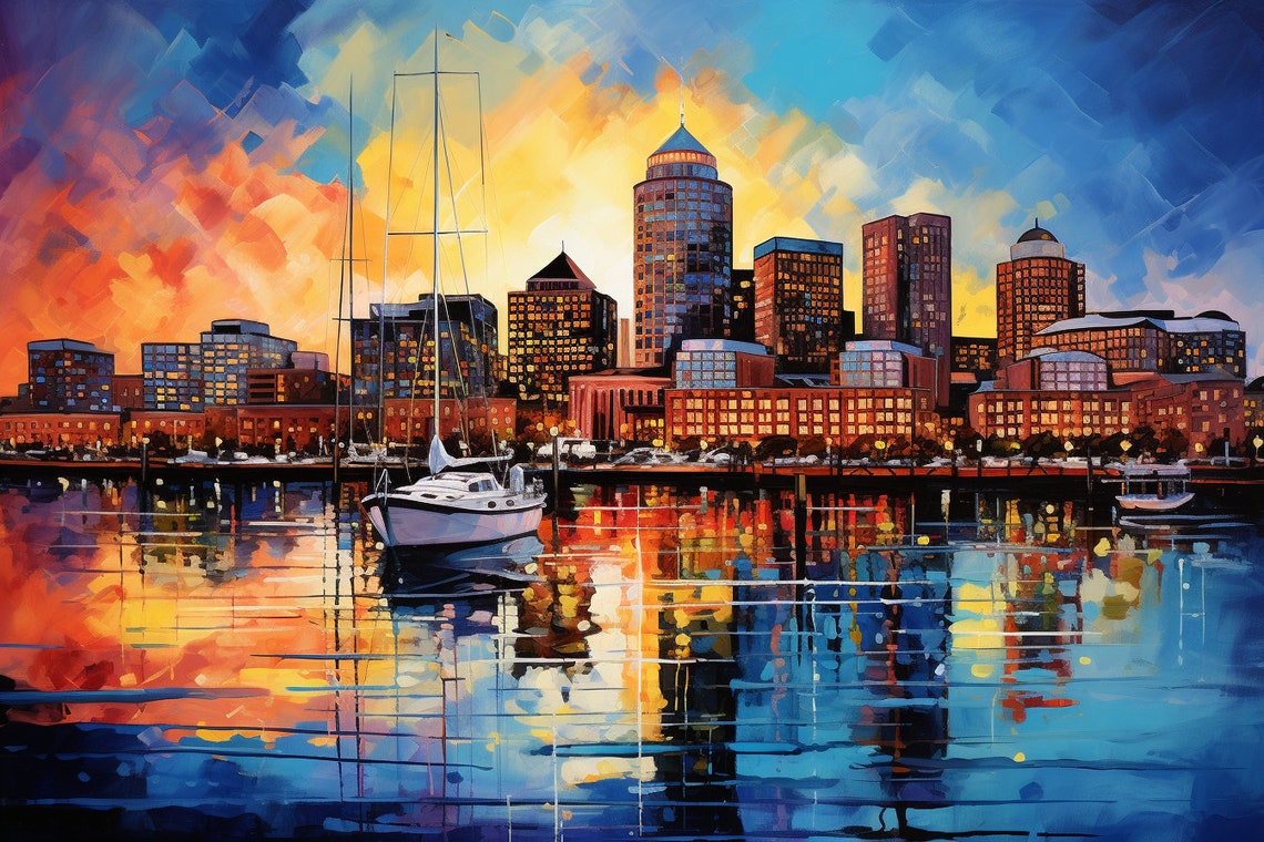 Boston Harbor Sunset Skyline Reflection Expressionist Painting Poster