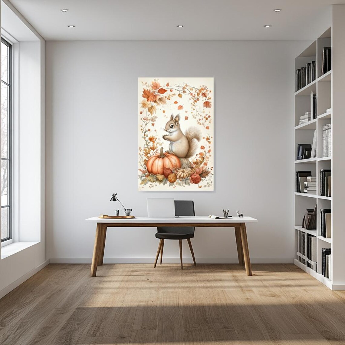 Cute Autumn Squirrel with Pumpkins Watercolor Fall Decor Poster - Image 2