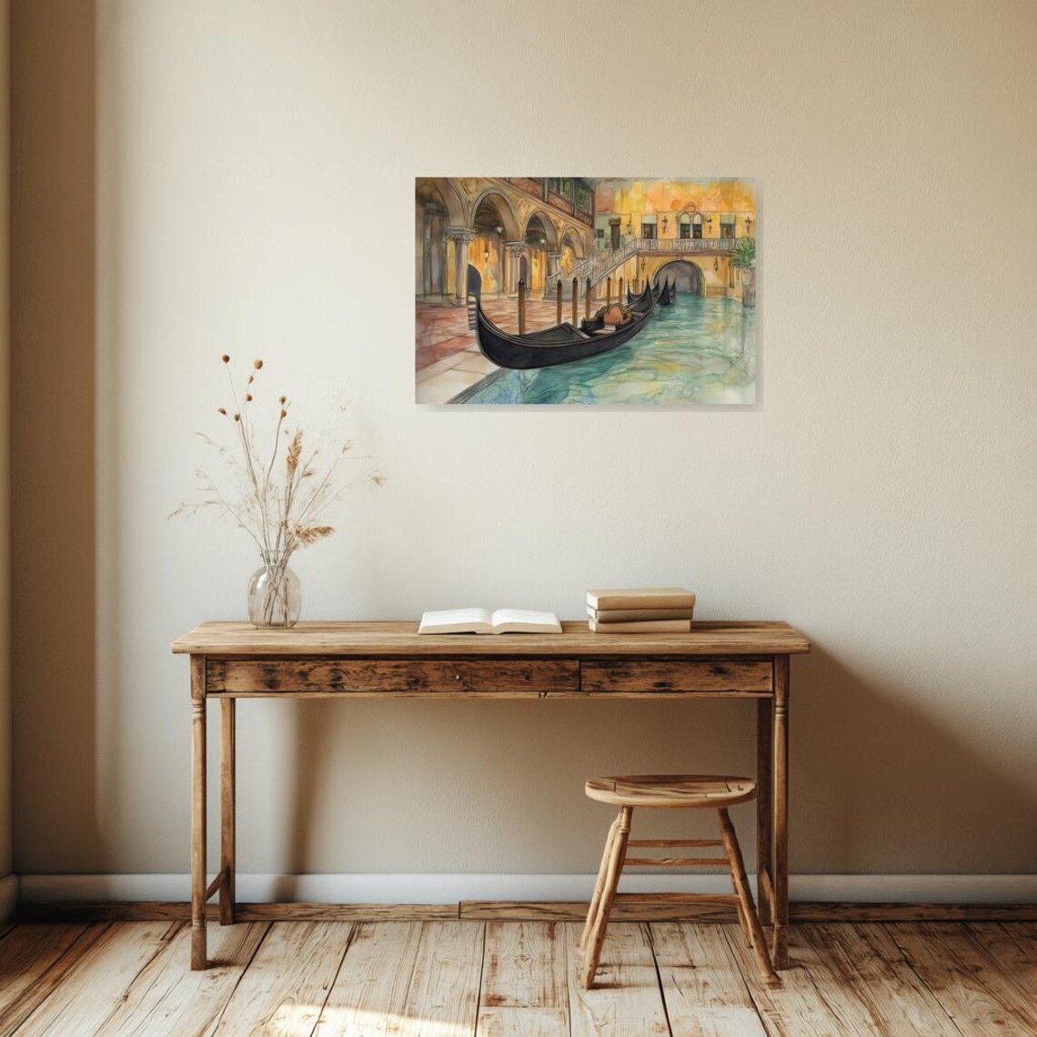 Venetian Gondolas Resting On A Quiet Canal Watercolor Painting Poster - Image 4
