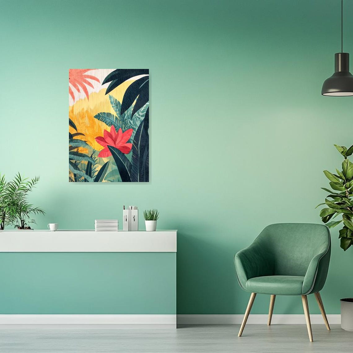 Sunny Tropical Palm Leaves Coral Flower Bold Botanical Poster - Image 2