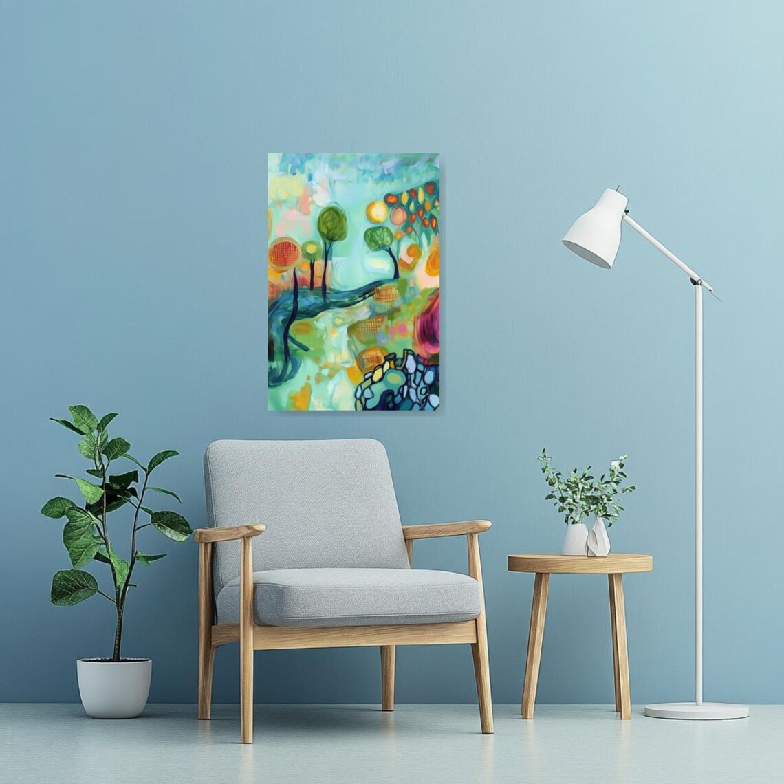 Whimsical Abstract Trees Against a Teal Sky Colorful Modern Art Poster - Image 3