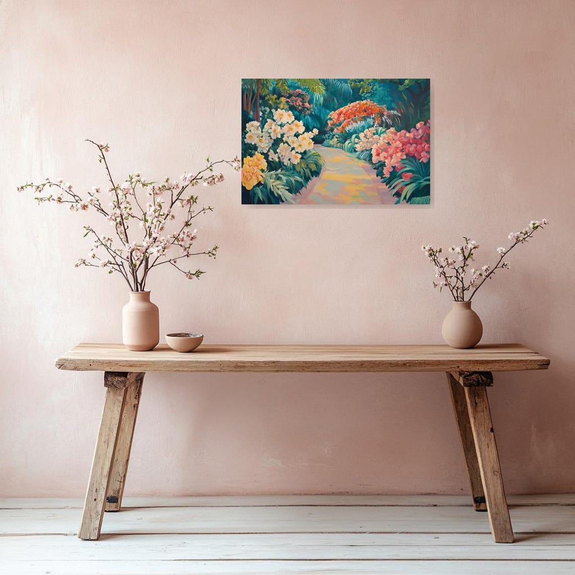 Sunlit Tropical Garden Path Lined With Bright Blooming Flowers Poster - Image 3