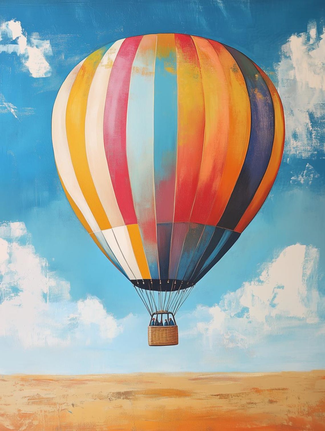 Colorful Striped Hot Air Balloon Floating Over Desert Sky Poster