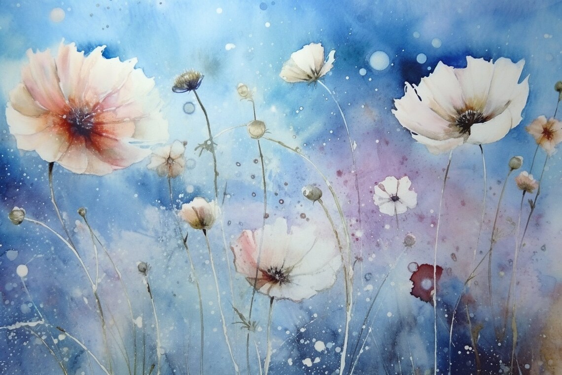 Dreamy Watercolor Wildflowers Blue and Pink Cosmic Blooms Art Poster