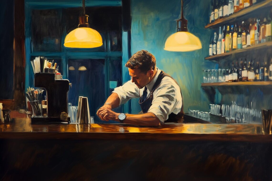 Vintage Barman Leaning at the Counter Under Warm Pendant Lamps Poster