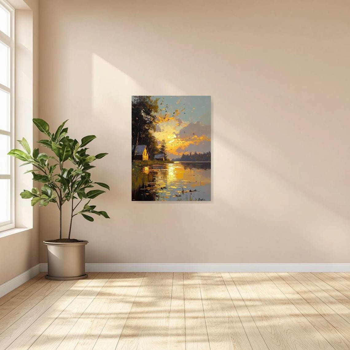 Golden Sunset Shimmering Across Calm Water by Lakeside Cabins Poster - Image 2